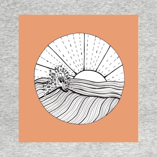 Surfing Abstract Ink Illustration with a coral  background by Sandraartist